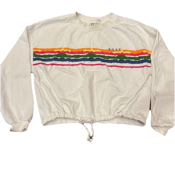 Roxy Stay Salty White Sweatshirt Abstract Rainbow Stripes Drawstring Hem XL Crew - Picture 3 of 7